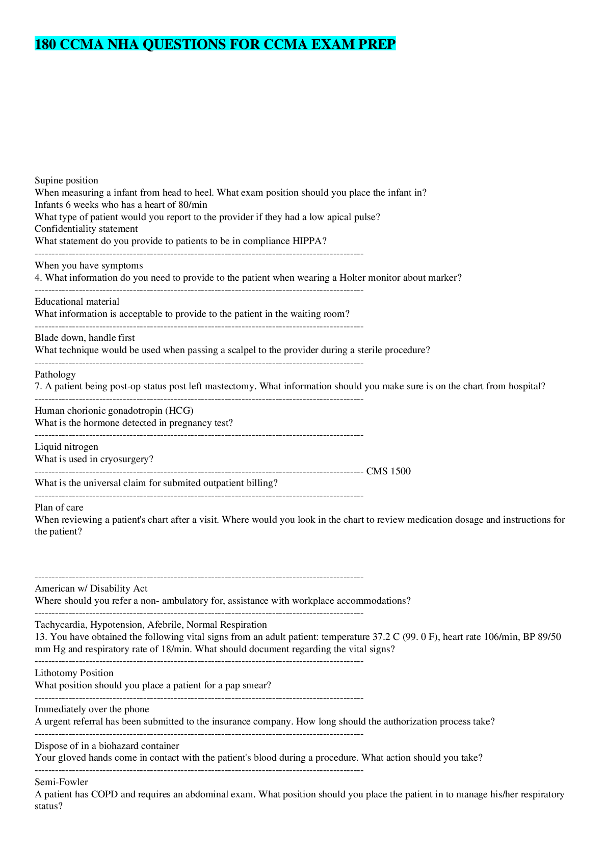 Preview image for 180 CCMA NHA QUESTIONS FOR CCMA EXAM PREP